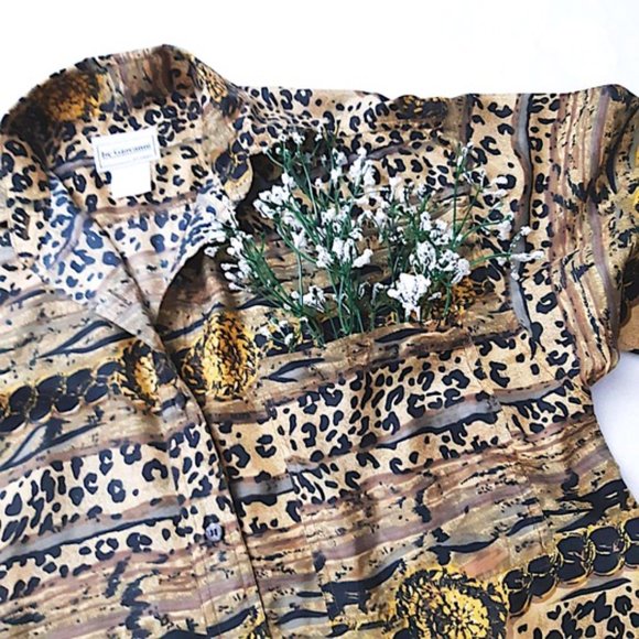 GIOVANNI 100% Silk Blouse Brown Black Leopard Print Oversized Collar L-Sleeve - Picture 7 of 13